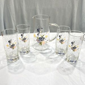 Blue Peony by Nikko; 4 14oz water glasses: 1 40oz glass pitcher